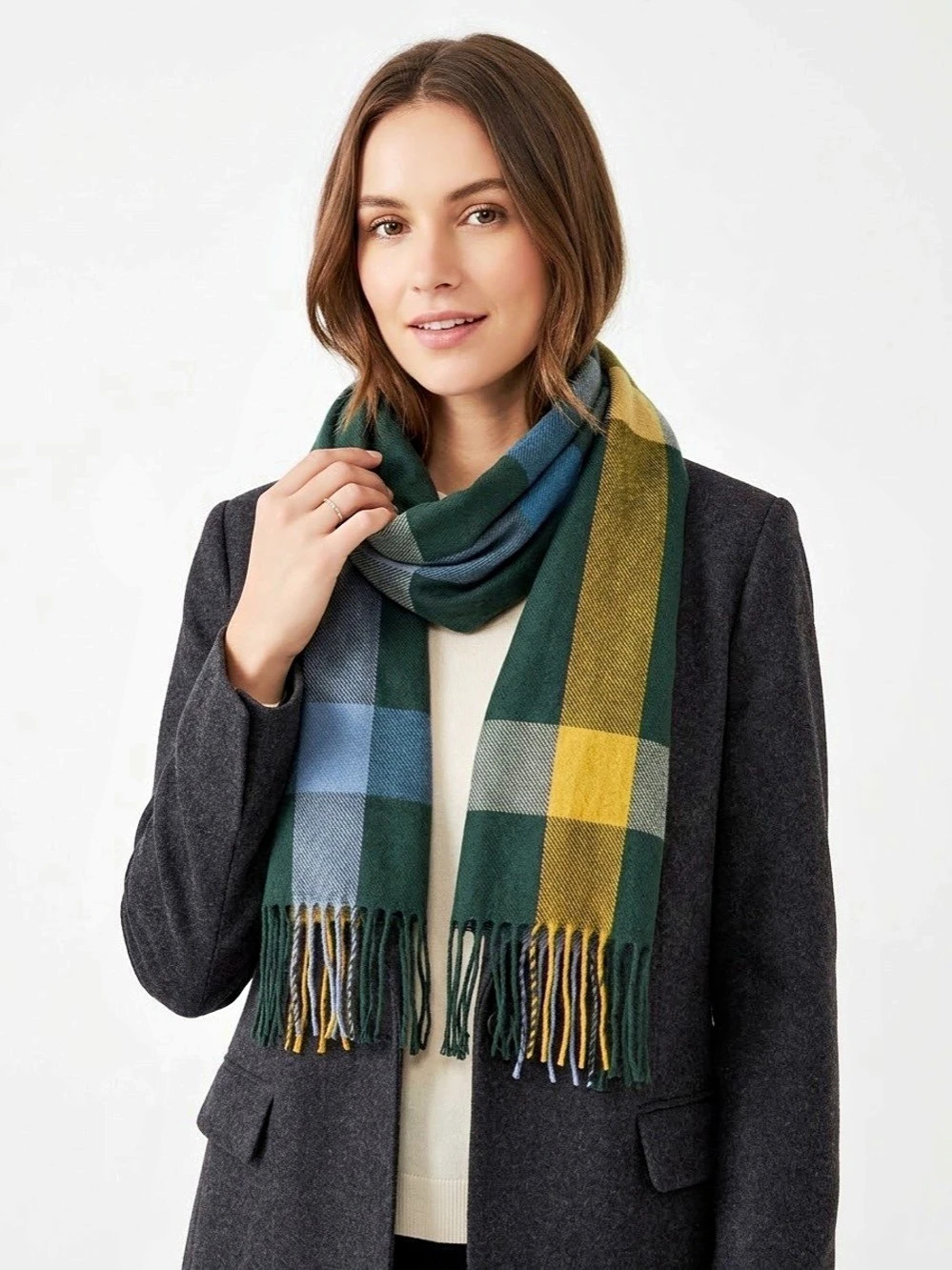 Pacas Women's Plaid Alpaca Wool Scarf in Green & Blue Like New